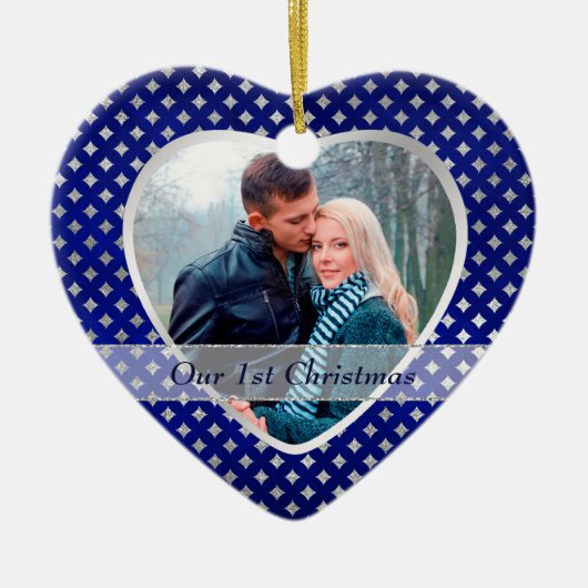 Blue Silver Diamond Pattern Pas getrouwd Keramisch Ornament (Voorkant)