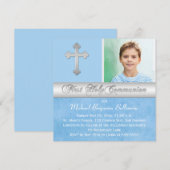 Blue Silver First Heilige Commune Foto Uitnodiging (Voorkant / Achterkant)
