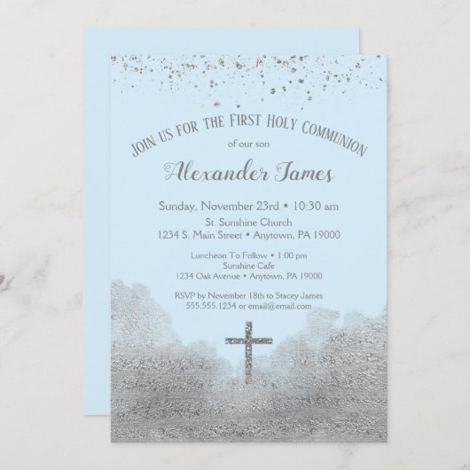 Blue Silver First Holy Communion Invitation Garçon (Devant / Derrière)