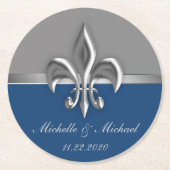 Blue Silver Fleur de Lis Ronde Kartonnen Onderzetter (Voorkant)