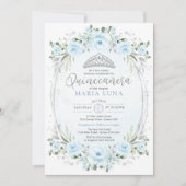 Blue Silver Floral Crown Princess Quinceañera Kaart (Voorkant)