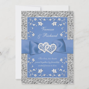 Blue Silver Floral Hearts FAUX Foil Wedding Invite Kaart