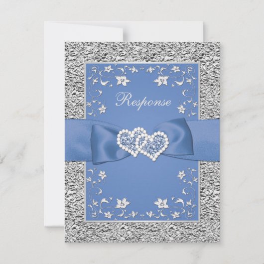 Blue Silver Floral Hearts FAUX Foil Wedding RSVP (Devant)