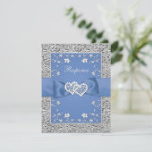 Blue Silver Floral Hearts FAUX Foil Wedding RSVP (Debout devant)
