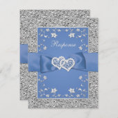 Blue Silver Floral Hearts FAUX Foil Wedding RSVP (Devant / Derrière)