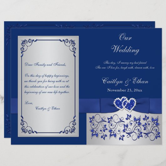 Blue, Silver Floral Hearts Wedding Programme (Voorkant / Achterkant)