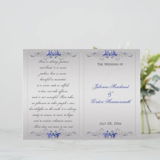  Blue Silver Floral Swirls Wedding Programme (Staand voorkant)