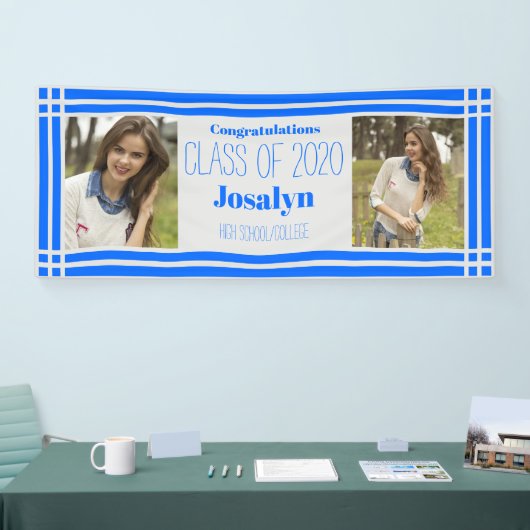 Blue Silver Geometric Two Photos Afstuderen Spandoek (Beurs)