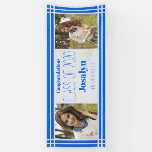 Blue Silver Geometric Two Photos Afstuderen Spandoek (Verticaal)