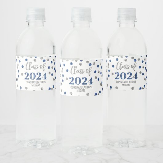 Blue Silver Glitter Confetti Afstuderen Waterfles Etiket (Flessen)