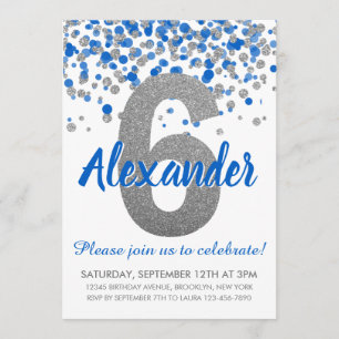 Blue Silver Glitter Confetti Boy Zesde Verjaardag Kaart