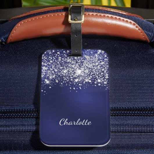 Blue Silver glitter-monogram met de naam script Bagagelabel (Voorkant Insitu 2)