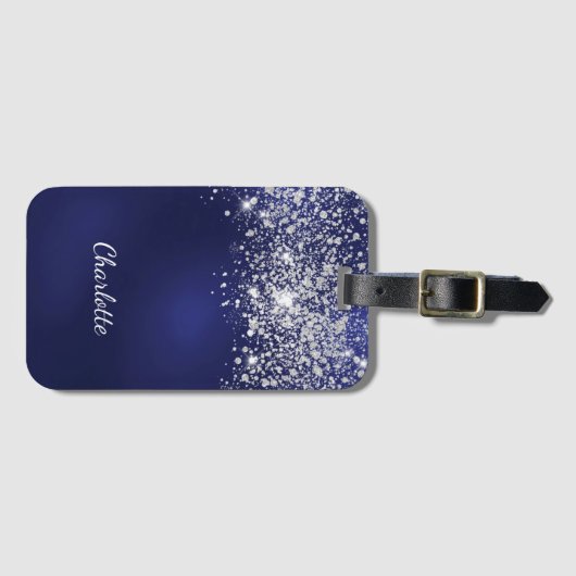 Blue Silver glitter-monogram met de naam script Bagagelabel (Voorkant (horizontaal))