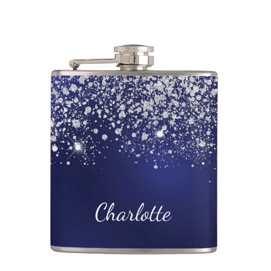 Blue Silver glitter-monogram met de naam script Heupfles (Voorkant)