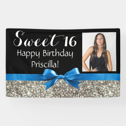 Blue Silver Glitter Photo Sweet 16 Birthday Party Spandoek (Horizontaal)