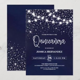 Blue Silver Glitter Sparkles Lights Quinceañera Kaart
