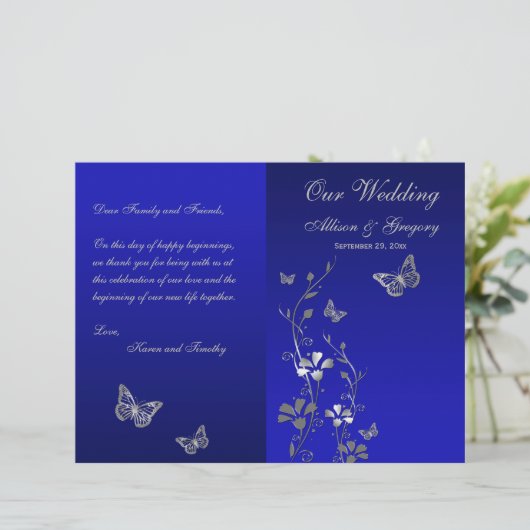 Blue, Silver Grey Butterfly Floral Wedding Program (Staand voorkant)