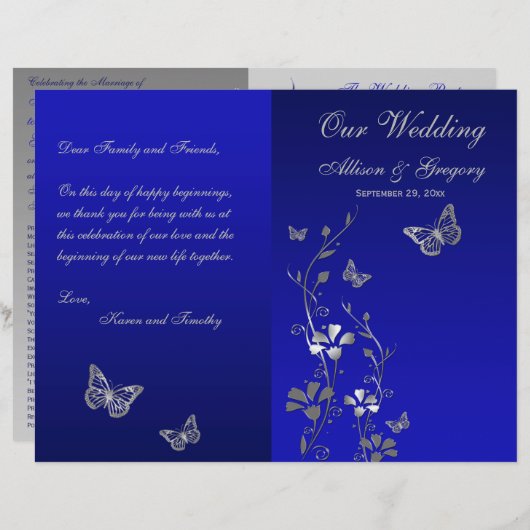 Blue, Silver Grey Butterfly Floral Wedding Program (Voorkant / Achterkant)