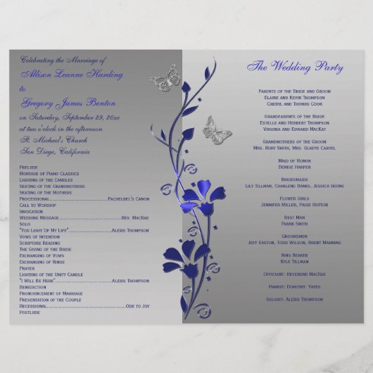 Blue, Silver Grey Butterfly Floral Wedding Program (Achterkant)