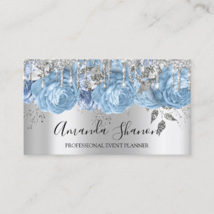 Blue Silver Grey Glitter Drip Logo Event Planner Visitekaartje