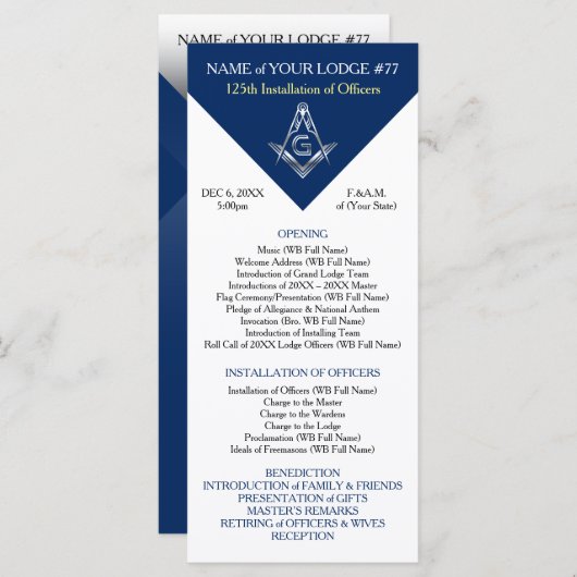 Blue Silver Masonic Installation Program Sjabloon (Voorkant / Achterkant)