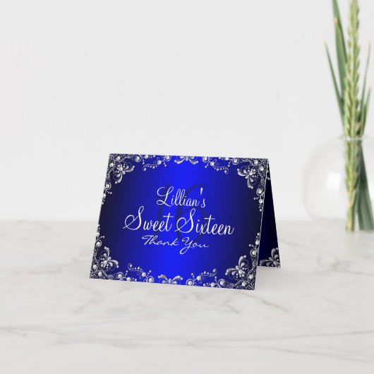 Blue Silver Pearl Damask Sweet 16 Cartes de remerc (Devant)