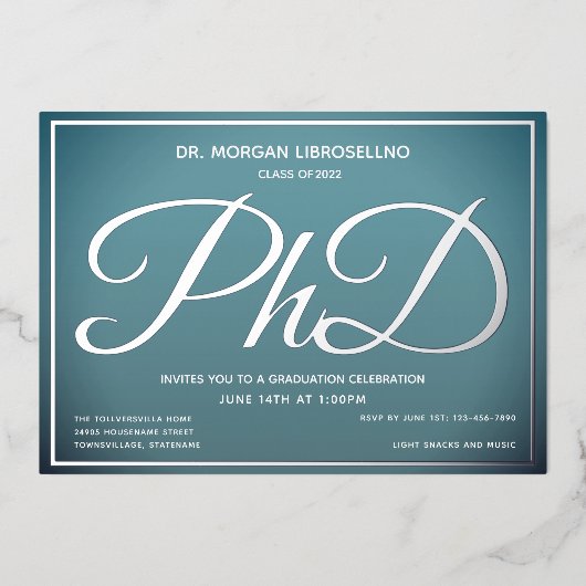 Blue Silver PhD-Afstuderen Folie Uitnodiging (Voorkant)