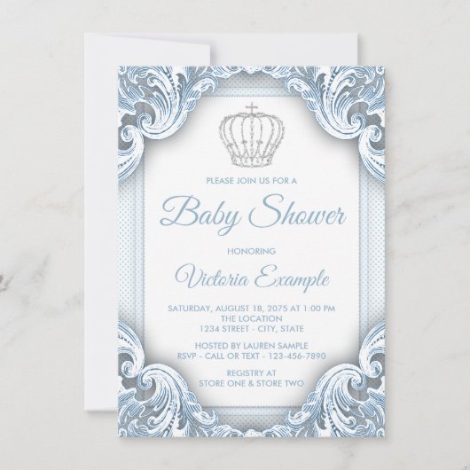 Blue Silver Prince Baby Shower Invitations (Devant)