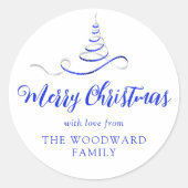 Blue Silver Ribbon Tree Merry Kerstscript Ronde Sticker (Voorkant)