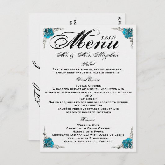 Blue Silver Roos Wedding Dinner Menu Bedankt (Voorkant / Achterkant)