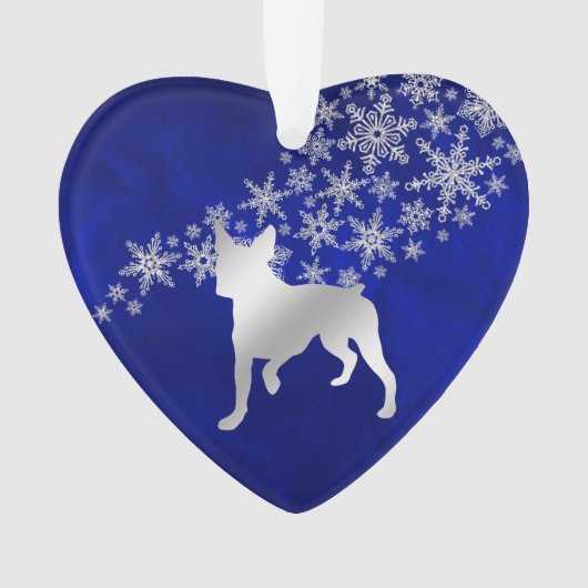 Blue Silver Snowflake Boston Terrier Dog Ornament (voorkant)