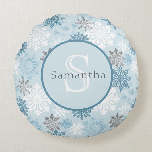 Blue & Silver Snowflake, gepersonaliseerd monogram Rond Kussen (Voorkant)