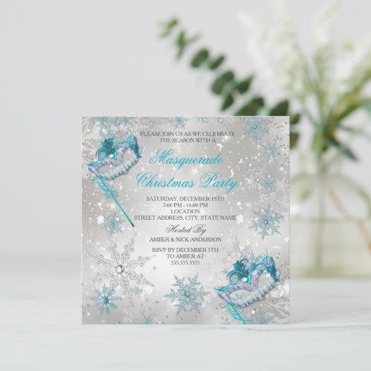 Blue Silver Snowflake Masquerade kerstparty 2 Kaart (Staand voorkant)