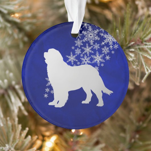 Blue Silver Snowflake Newfoundland Dog Round Ornament (Boom)