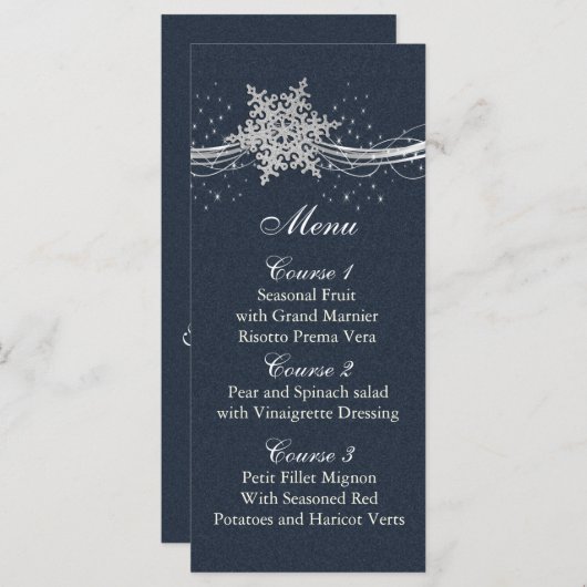 Blue Silver Snowflakes Carte menu mariage hiver (Devant / Derrière)