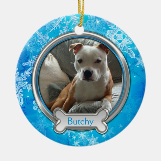 Blue Silver Snowflakes Fotokerstversiering Keramisch Ornament (Voorkant)