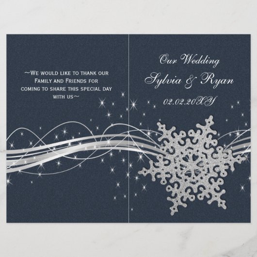 Blue Silver Snowflakes programmes de mariage pliés (Devant)