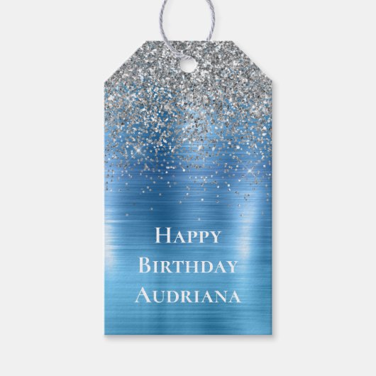 Blue Silver Sparkle Glitter gepersonaliseerd Cadeaulabel (Voorkant)