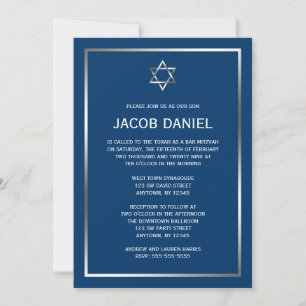 Blue Silver Star de David Bar Mitzvah Invitations