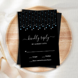 Blue Silver Stars String Lights Wedding RSVP Notitiekaartje