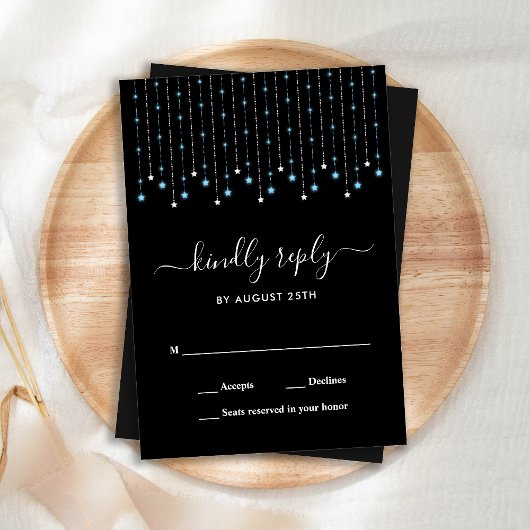 Blue Silver Stars String Lights Wedding RSVP Notitiekaartje