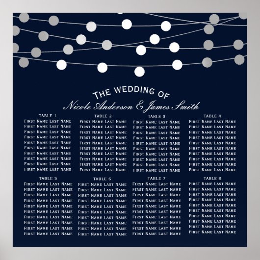 Blue Silver String Lights Modern Wedding Seating Poster (Voorkant)