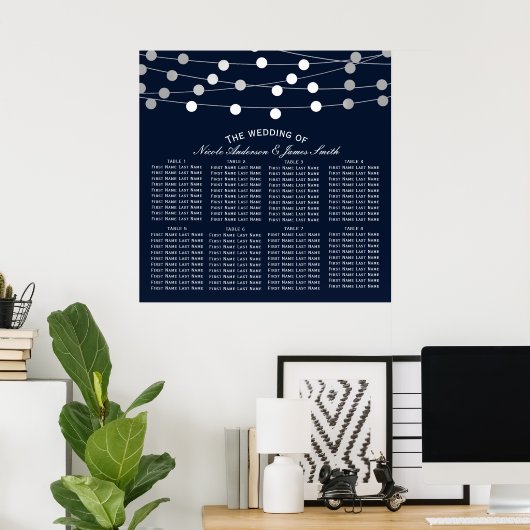 Blue Silver String Lights Modern Wedding Seating Poster (Thuiskantoor)