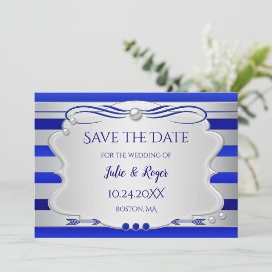 Blue Silver Striped Photo Save the Date Kaart (Staand voorkant)