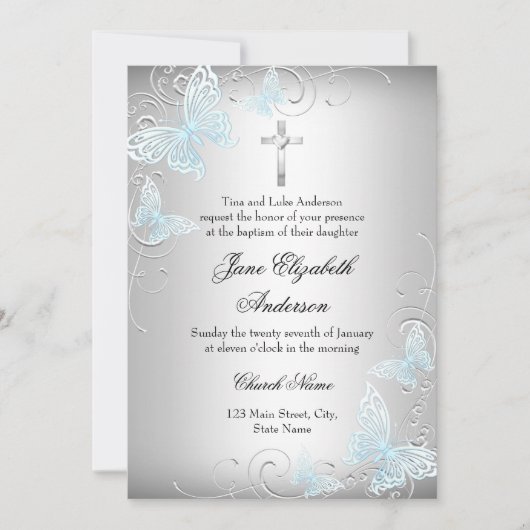 Blue Silver Swirl Butterfly & Cross Baptism Invite Kaart (Voorkant)