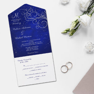 Blue Silver Swirl Monogram Foto Sjabloon Weddensch