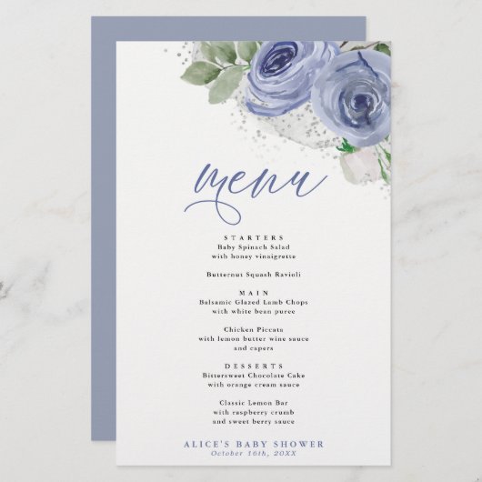 Blue & Silver Watercolor Floral Event Dinner Menu (Devant / Derrière)