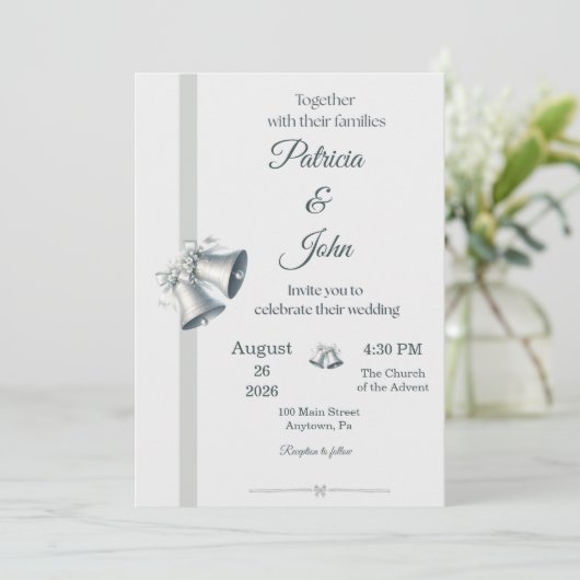 Blue Silver Wedding Bells Wedding Invitation (Debout devant)