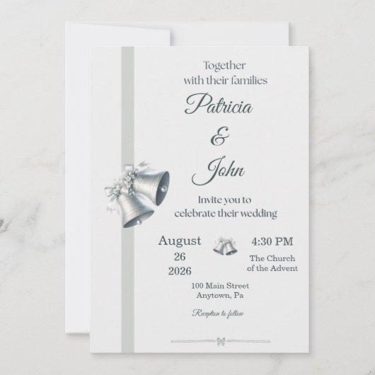 Blue Silver Wedding Bells Wedding Invitation Kaart (Voorkant)