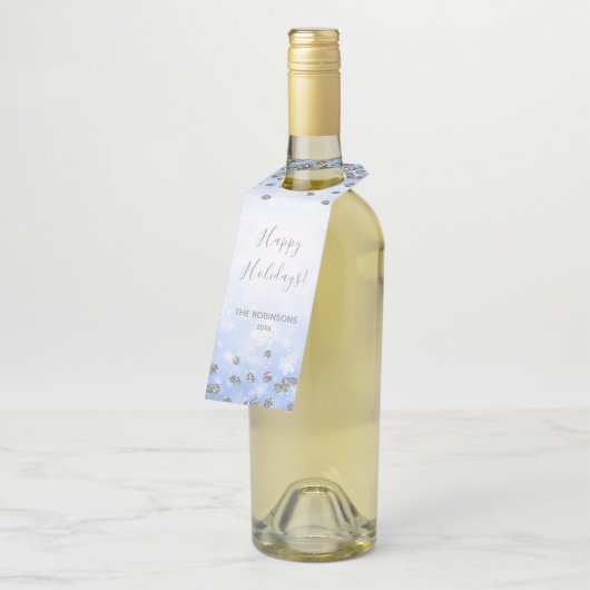 Blue Silver Winter Glitter Prettige feestdagen Flessenhanger (Schuin)